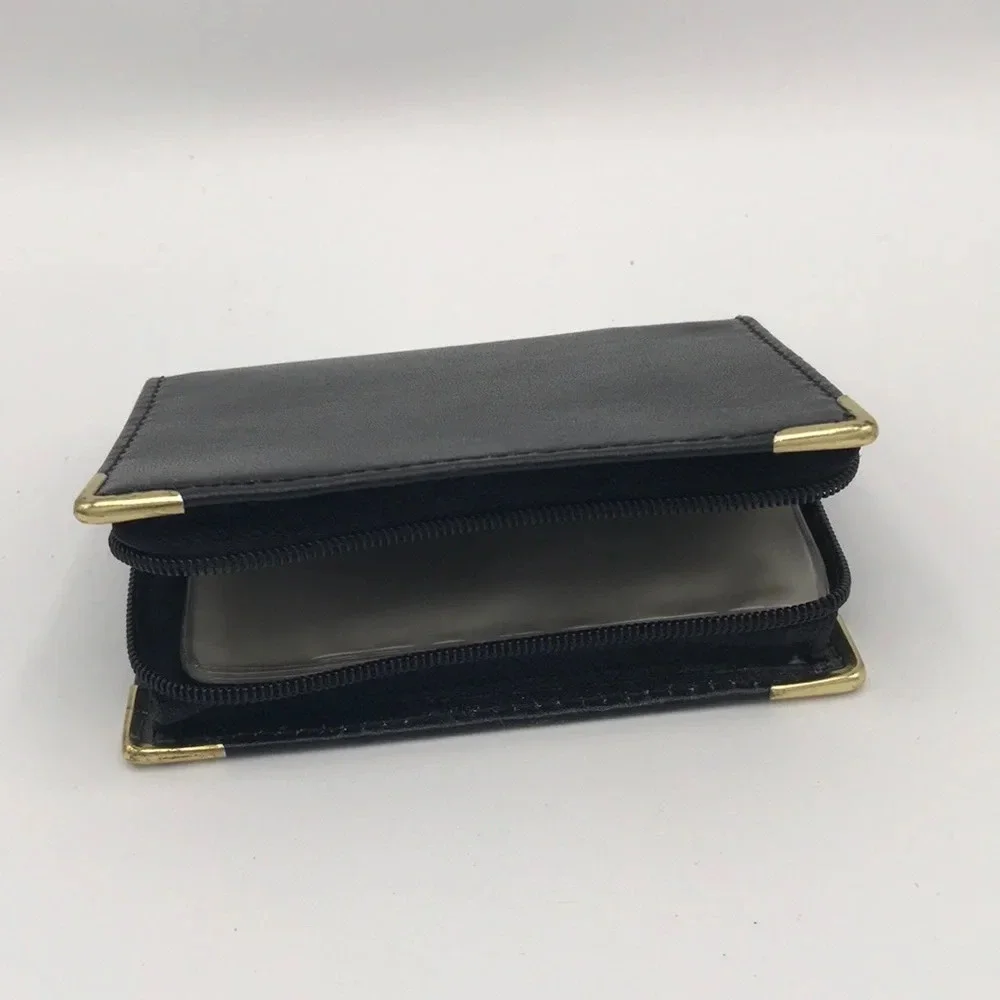 Black leather 32-card zippered credit card case